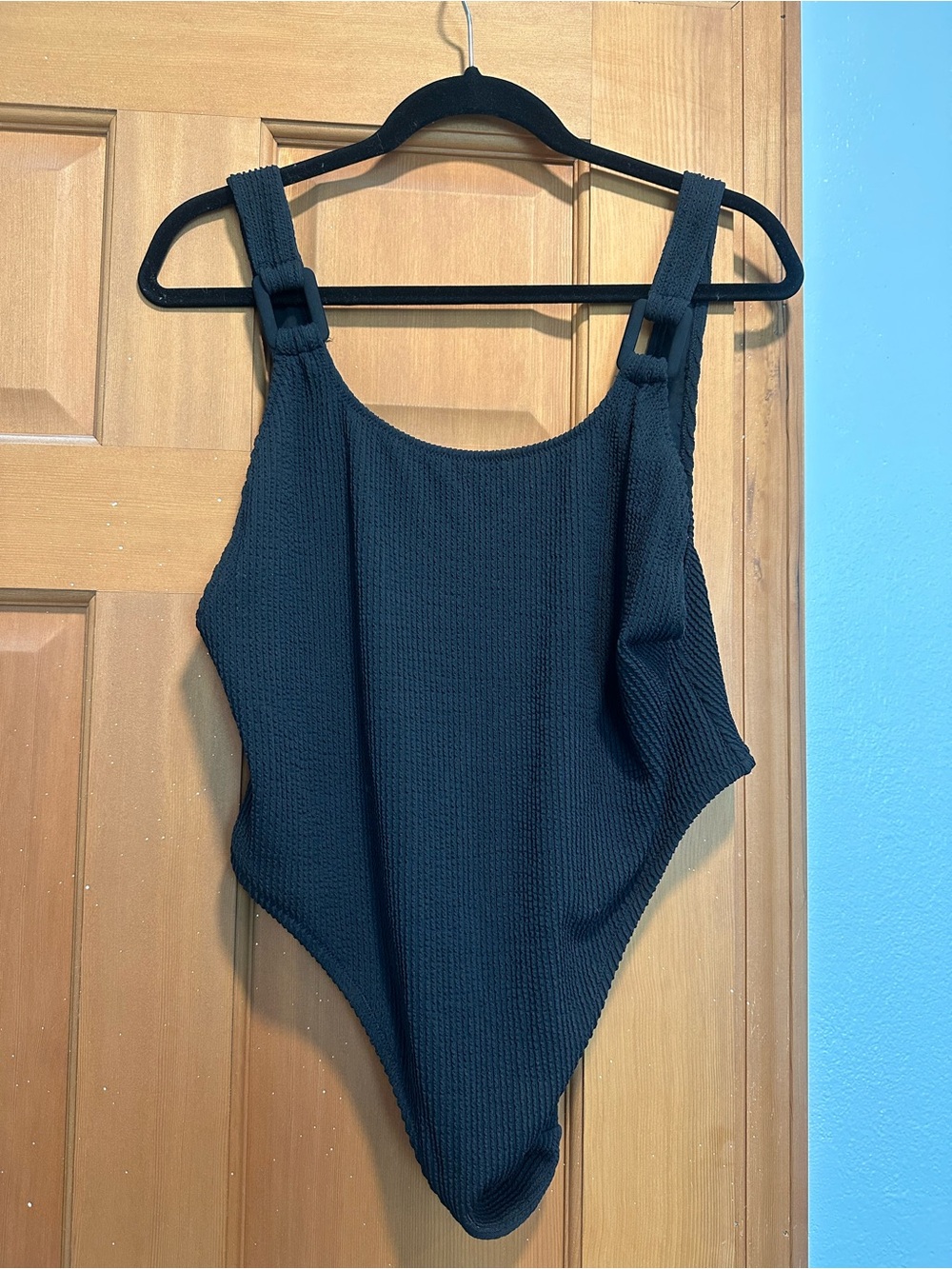 Aerie Black High Leg One-Piece Swimsuit with Buckle Straps